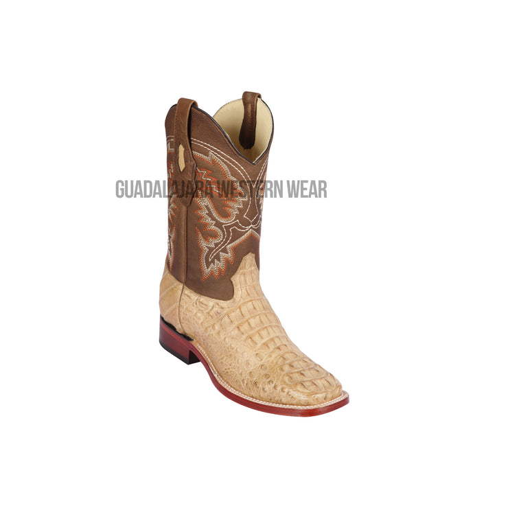 Los Altos Honey Greasy Finish Caiman Hornback Wide Square Toe Cowboy Boots