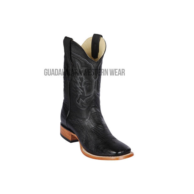 Los Altos Black Ostrich Belly Wide Square Toe Cowboy Boots