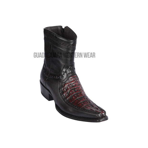 Los Altos Black Cherry Caiman Tail & Deer European Square Toe Ankle Boot