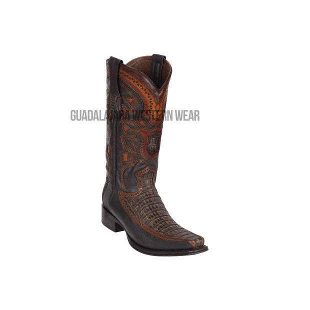 Los Altos Sanded Brown Caiman Belly & Deer European Square Toe Cowboy Boots