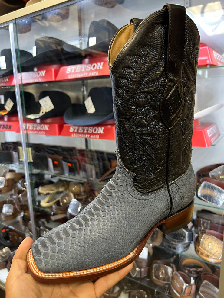 Blue Suede Finish Python Wide Square Toe Cowboy Boots
