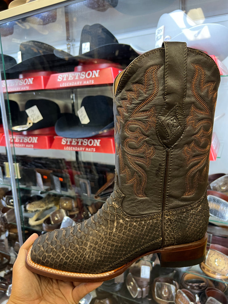 Dark Brown Finish Python Wide Square Toe Cowboy Boots