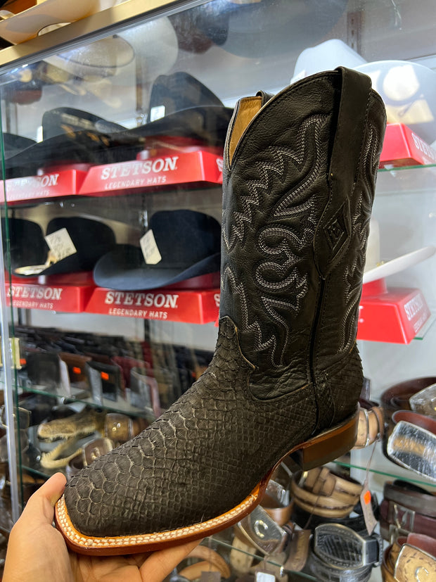 Black Finish Python Wide Square Toe Cowboy Boots