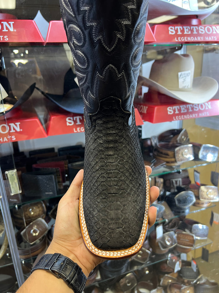 Black Finish Python Wide Square Toe Cowboy Boots