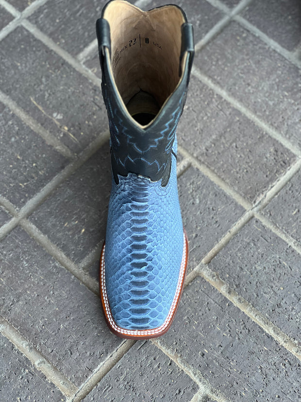 Blue Suede Finish Python Wide Square Toe Cowboy Boots