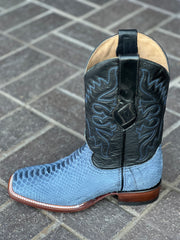Blue Suede Finish Python Wide Square Toe Cowboy Boots