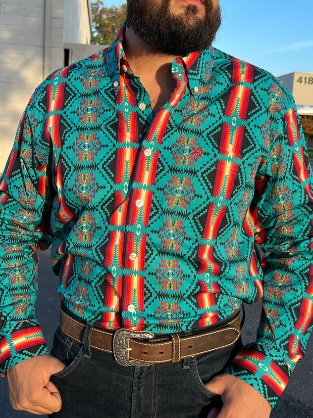 Rock and Roll Teal Aztec Button Down Long Sleeve Shirt