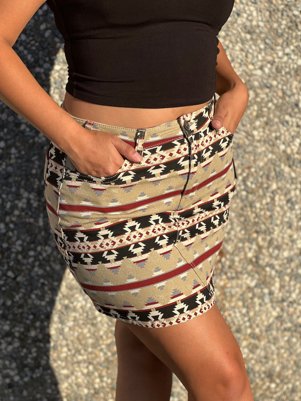 Women's High Rise Stretch Aztec Print Denim Skirt