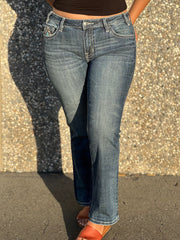 Women Mid Rise Stretch Aztec Leather Embroidered Bootcut Jeans - Rock&Roll Denim