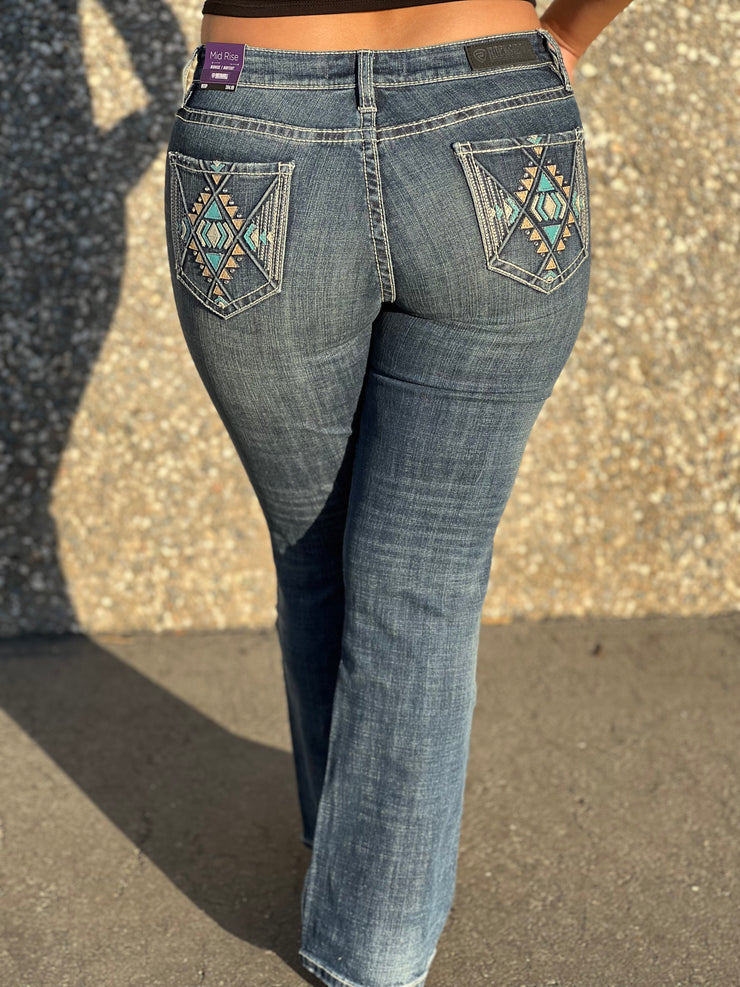 Women Mid Rise Stretch Aztec Leather Embroidered Bootcut Jeans - Rock&Roll Denim