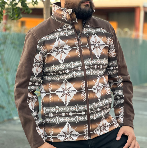 Panhandle Dark Brown Men's Aztec Printed Soft-shell Jacket