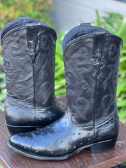White Diamond Ostrich Print Men's J Toe Boots - Black