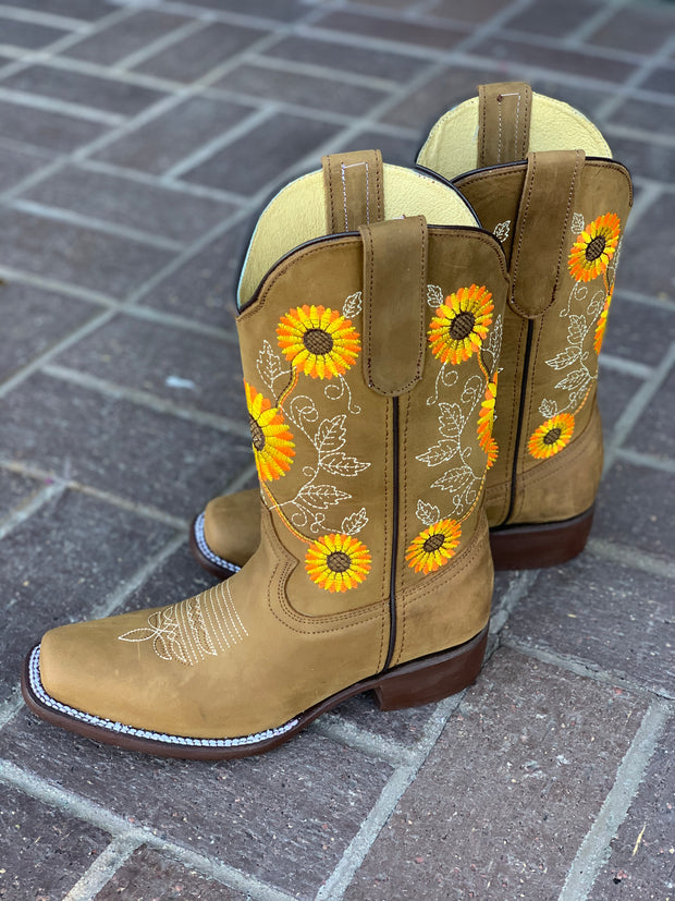 Sunflower Floral Square Toe Cowgirl Boots