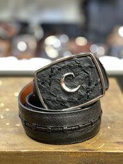 Cuadra Black Modern Ostrich Leather Belt