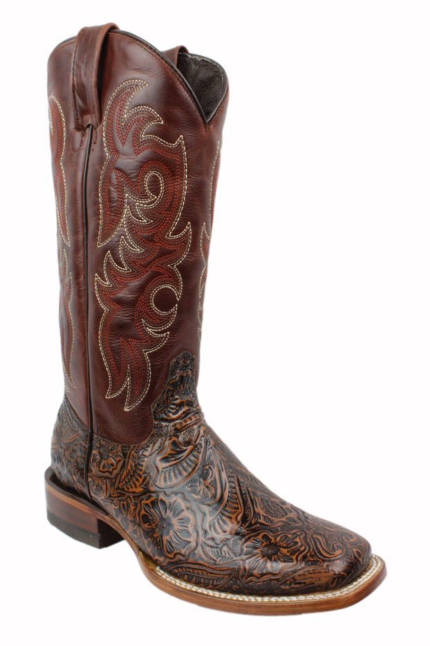 Reywelt Leather Tooled Print Square Toe Tall Cowgirl Boots