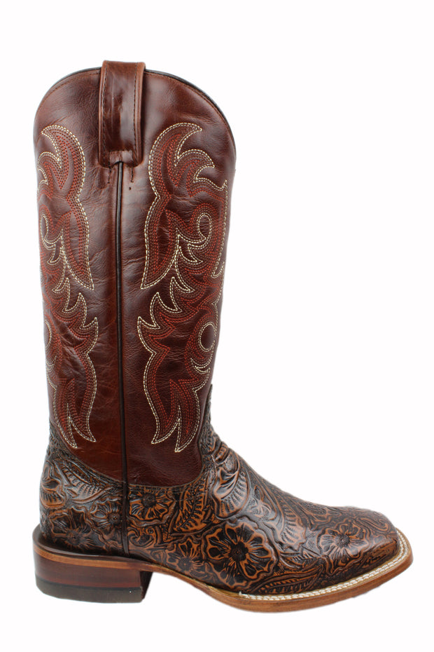 Reywelt Leather Tooled Print Square Toe Tall Cowgirl Boots