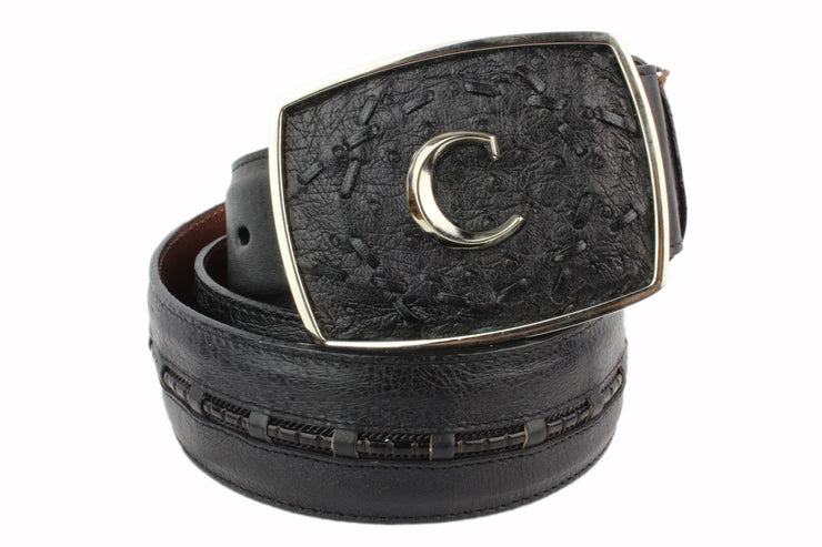 Cuadra Black Modern Ostrich Leather Belt