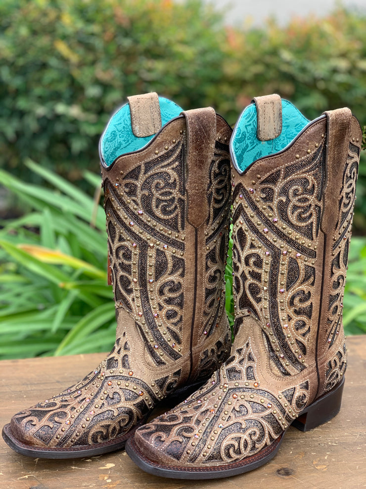 Corral Women's Laser Inlay with Studs Square Toe Boot