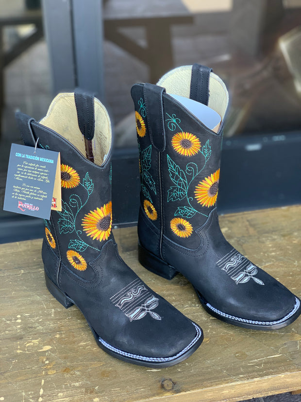 Sunflower Black Floral Square Toe Cowgirl Boots