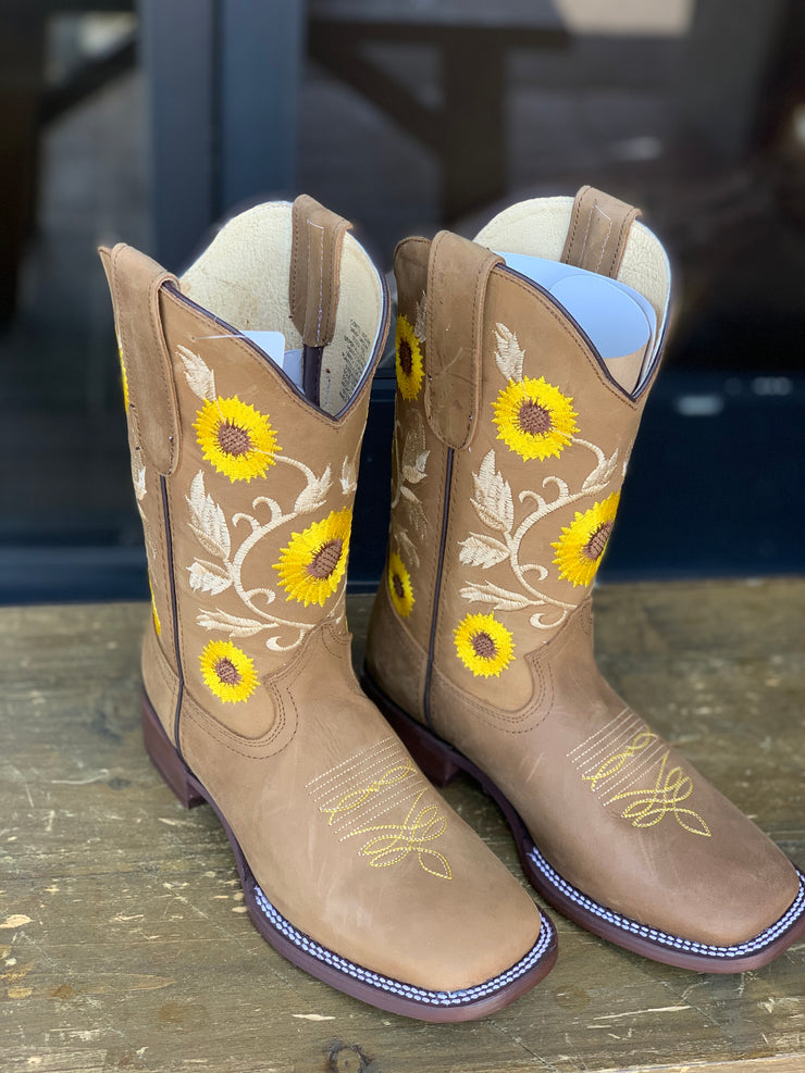 Sunflower Light Brown Floral Square Toe Cowgirl Boots