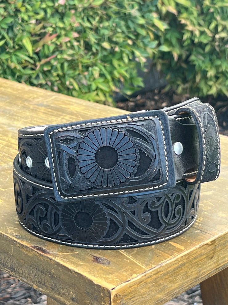 Lazer Cut Leather Belt - Negro (Black) / Negro (Black)