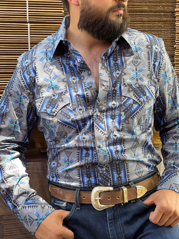 Rock and Roll Blue Aztec Snap Long Sleeve Shirt