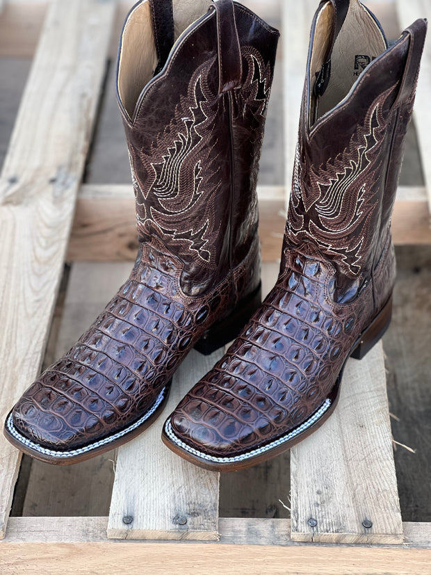 Reyme Dark Brown Caiman Print Leather Sole Wide Square Toe Cowboy Boot