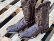 Reyme Dark Brown Caiman Print Leather Sole Wide Square Toe Cowboy Boot