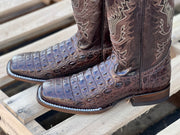 Reyme Dark Brown Caiman Print Leather Sole Wide Square Toe Cowboy Boot