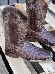 Reyme Dark Brown Caiman Print Leather Sole Wide Square Toe Cowboy Boot