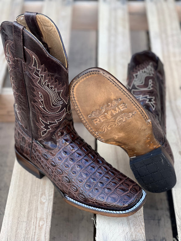 Reyme Dark Brown Caiman Print Leather Sole Wide Square Toe Cowboy Boot