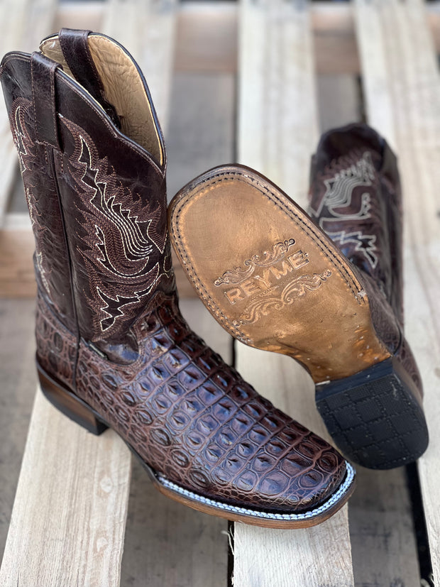 Reyme Dark Brown Caiman Print Leather Sole Wide Square Toe Cowboy Boot