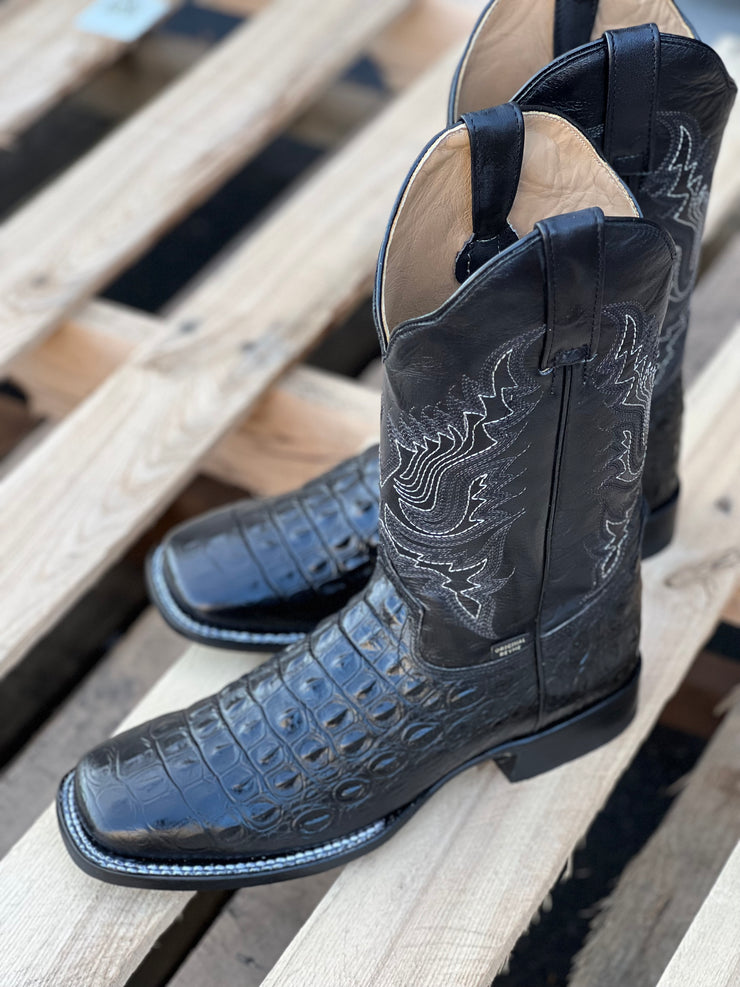 Reyme Black Caiman Print Leather Sole Wide Square Toe Cowboy Boot