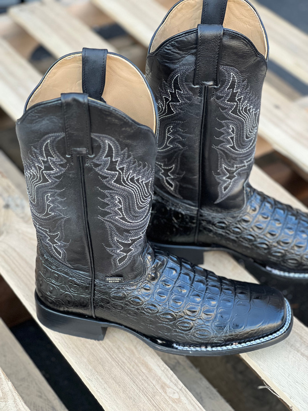 REWELT Men's Alligator Print Leather Western Boots – Square Toe, Ranch Style, Mexico