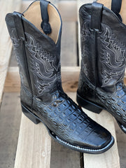 Reyme Black Caiman Print Leather Sole Wide Square Toe Cowboy Boot