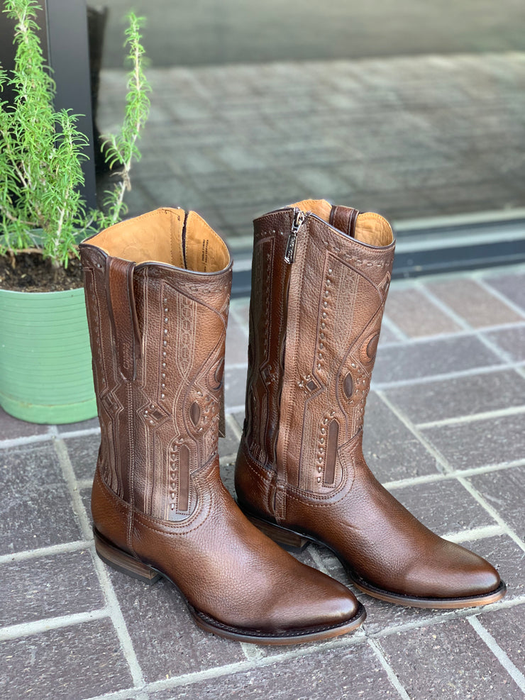 Cuadra Brown Copenage Deer With Side Zipper Semi Oval Toe Cowboy Boots