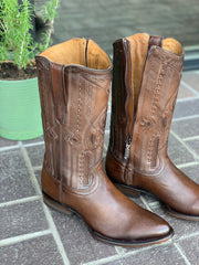 Cuadra Brown Copenage Deer With Side Zipper Semi Oval Toe Cowboy Boots