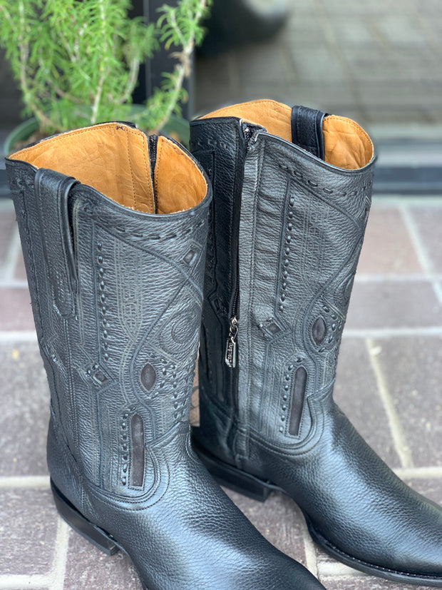 Cuadra Black Deer With Side Zipper Semi Oval Toe Cowboy Boots