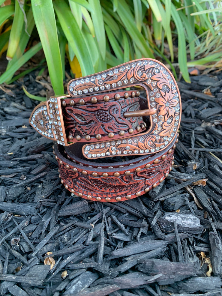 Angel Ranch Brown Floral Leather Belt Womens
