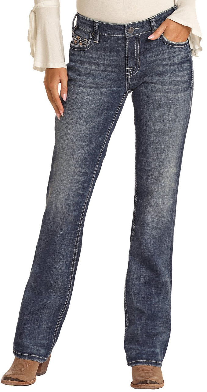 Women Mid Rise Stretch Aztec Leather Embroidered Bootcut Jeans - Rock&Roll Denim