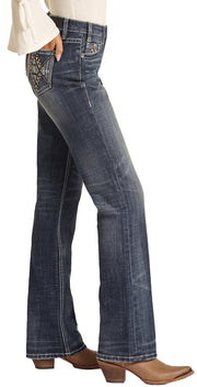 Women Mid Rise Stretch Aztec Leather Embroidered Bootcut Jeans - Rock&Roll Denim
