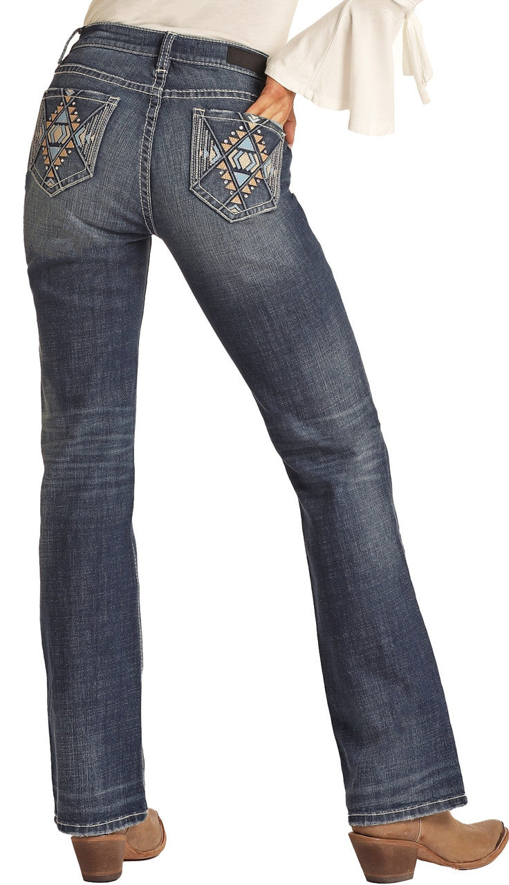 Women Mid Rise Stretch Aztec Leather Embroidered Bootcut Jeans - Rock&Roll Denim