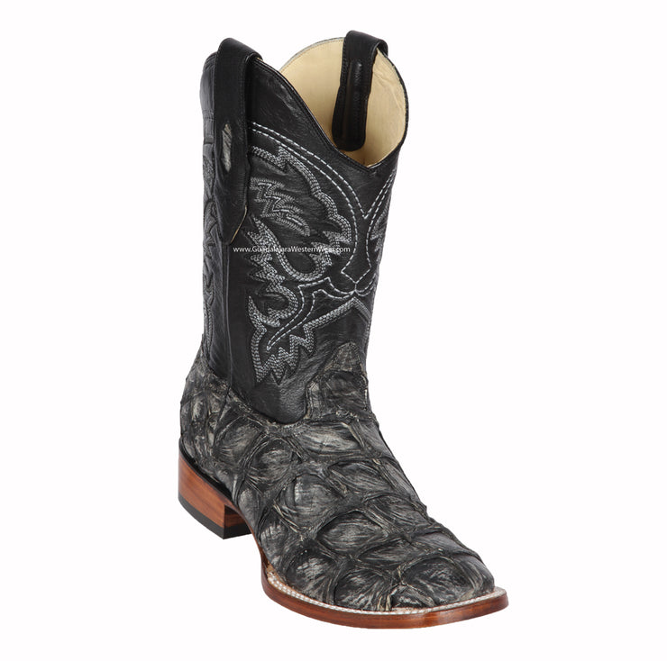 Los Altos Rustic Black Piraruccu Wide Square Toe Cowboy Boots