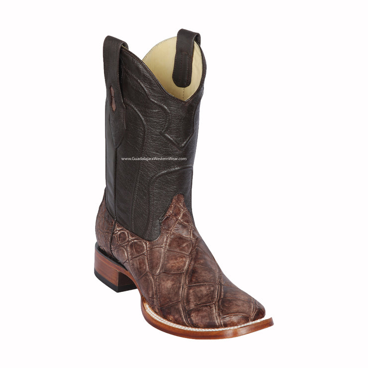 Los Altos Sanded Brown Aligator Hornback Wide Square Toe Cowboy Boots