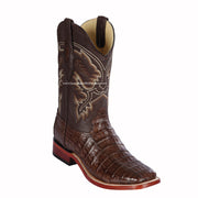 Los Altos Brown Pieced Vamp Caiman Belly Wide Square Toe Cowboy Boots