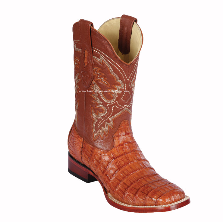 Los Altos Cognac Pieced Vamp Caiman Belly Wide Square Toe Cowboy Boots