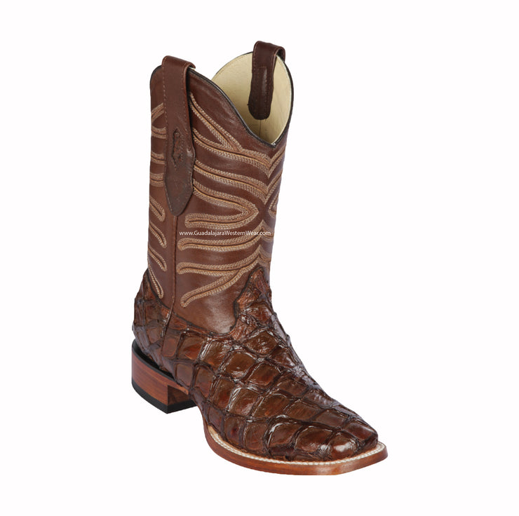 Los Altos Glossy Brown Piraruccu Wide Square Toe Cowboy Boots