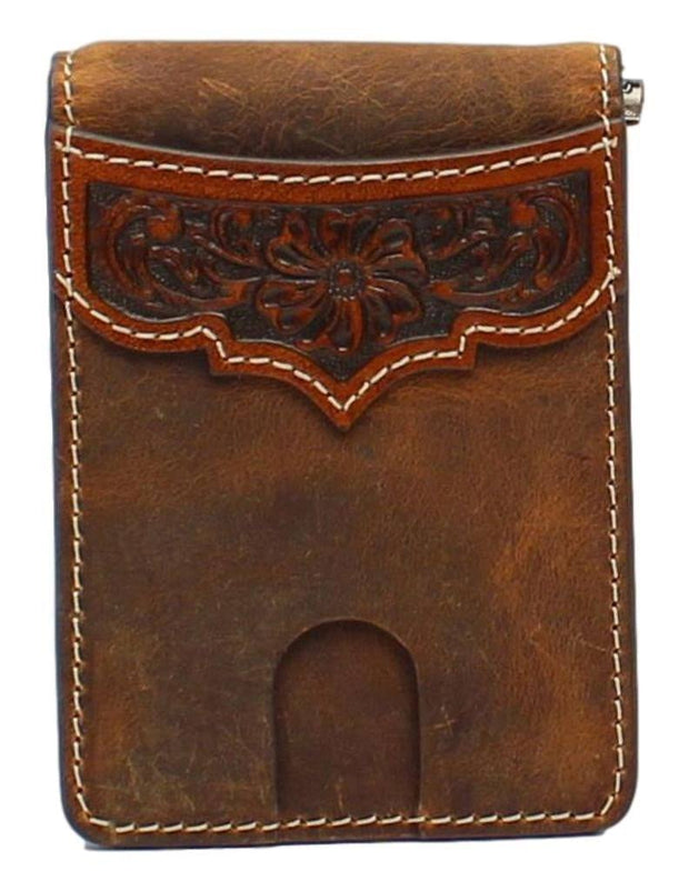 Ariat Mens Floral Embossed Tan Money Clip Bifold Wallet