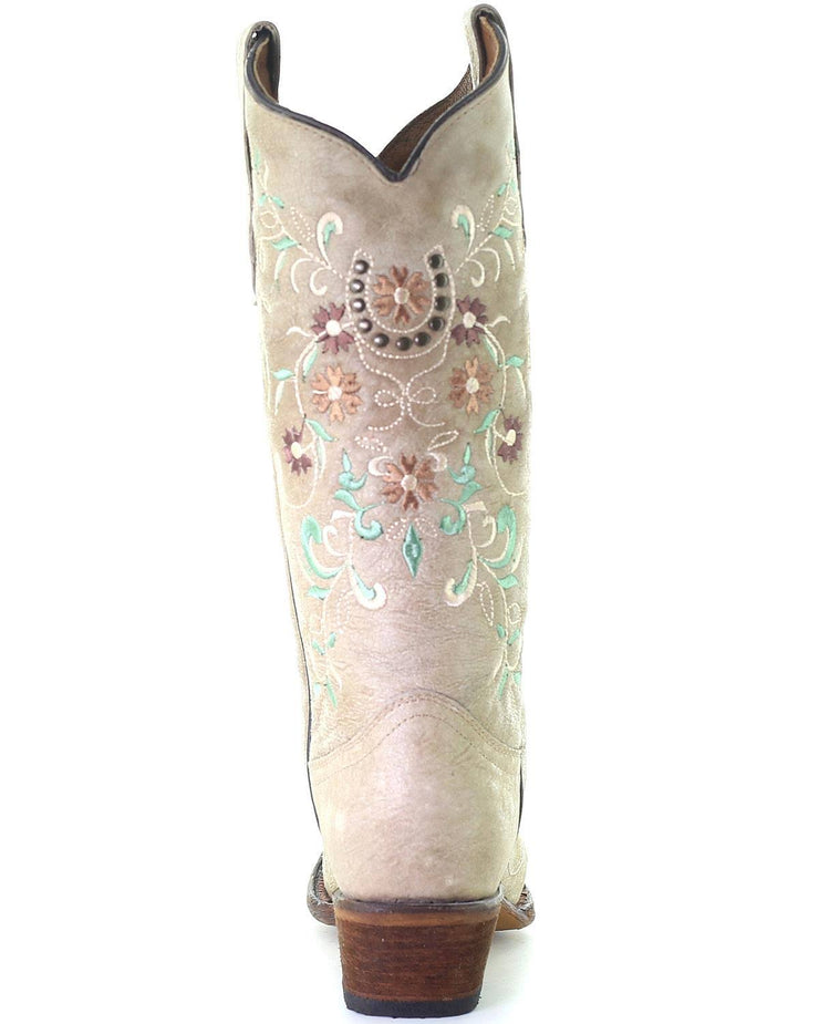 Circle G by Corral Women's Sand & Flower Embroidery Snip Toe Boot