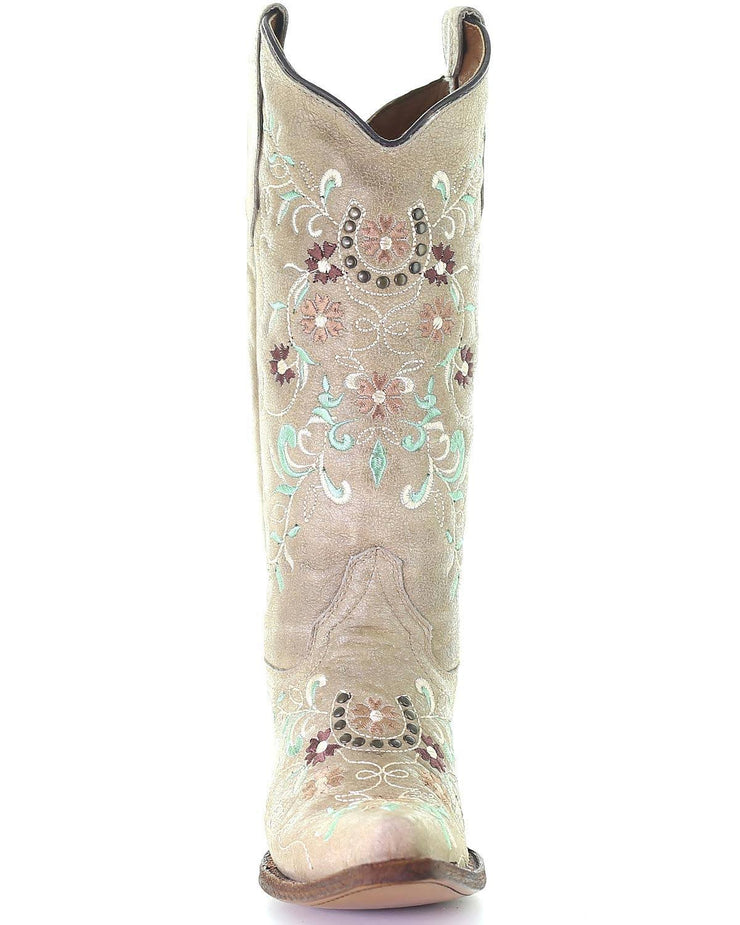 Circle G by Corral Women's Sand & Flower Embroidery Snip Toe Boot